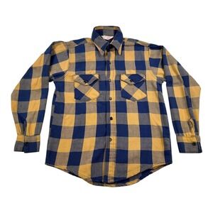 Vintage Best Jim Catfish Hunter Shirt Mens Medium Blue Yellow Plaid Flannel 80s